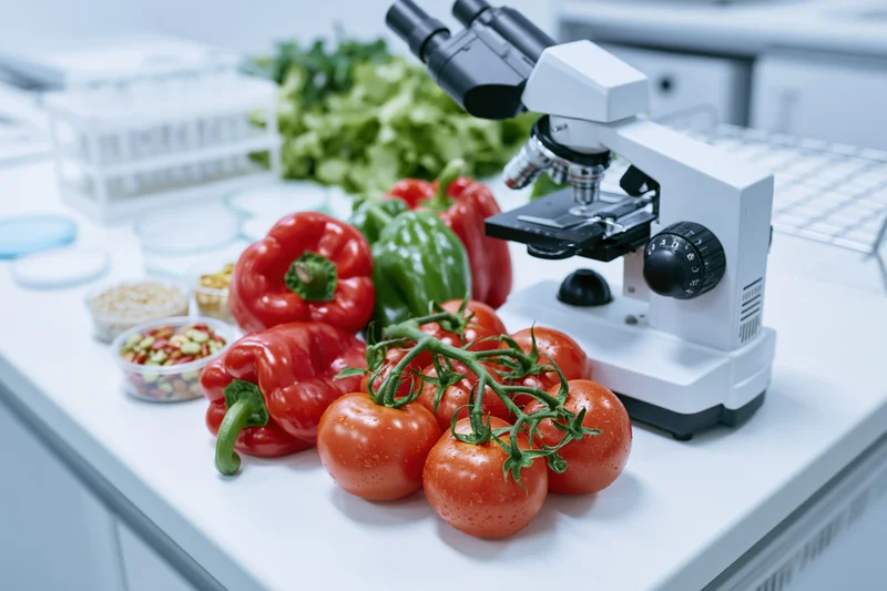 Fresh tomatoes and peppers on a lab workbench beside a microscope for food safety testing
