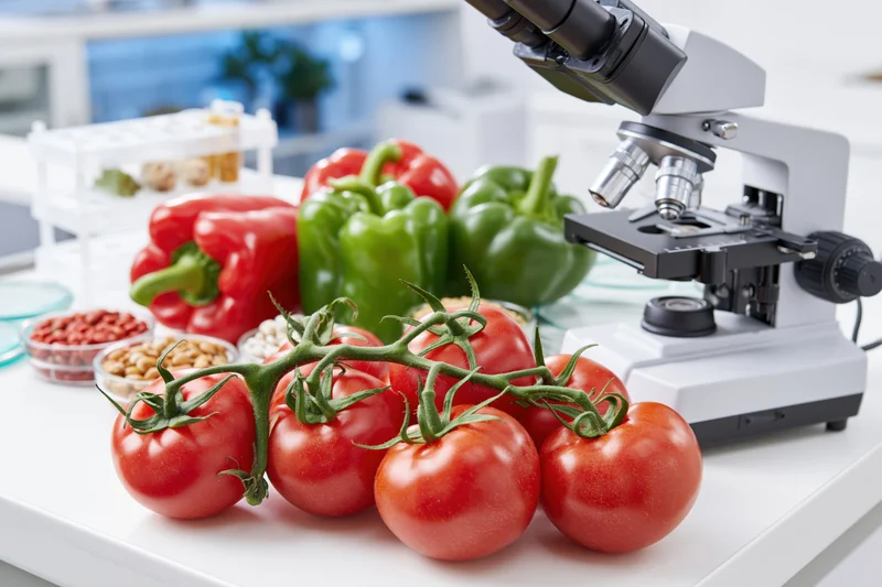 Fresh tomatoes and peppers on a lab workbench beside a microscope for food safety testing