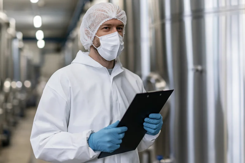 Food safety technician in white protective coveralls holding clipboard in industrial facility