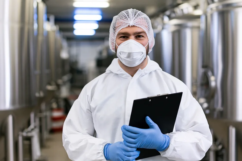 Food safety technician in white protective coveralls holding clipboard in industrial facility