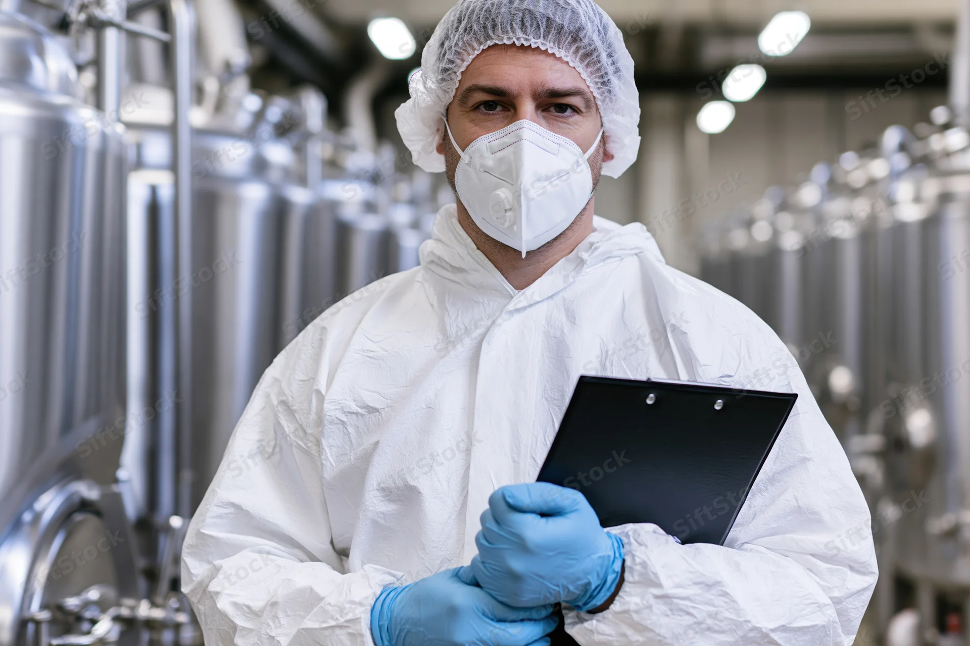 Food safety technician in white protective coveralls holding clipboard in industrial processing plant