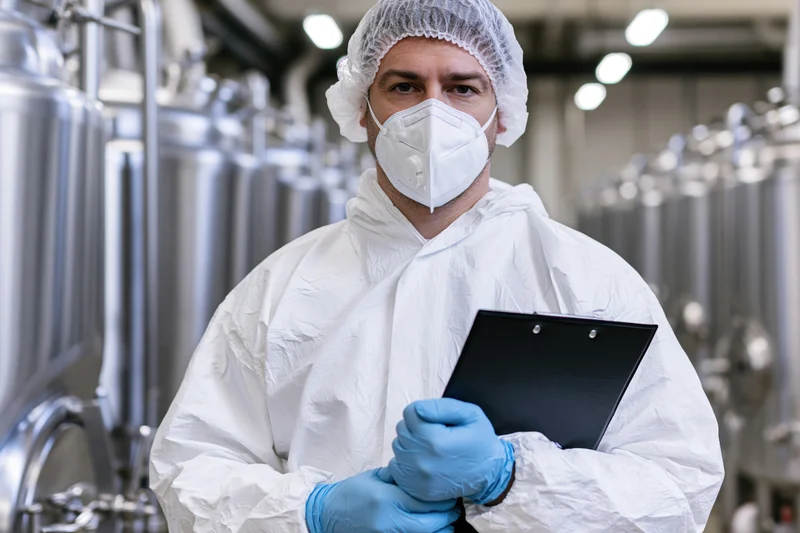 Food safety technician in white protective coveralls holding clipboard in industrial processing plant