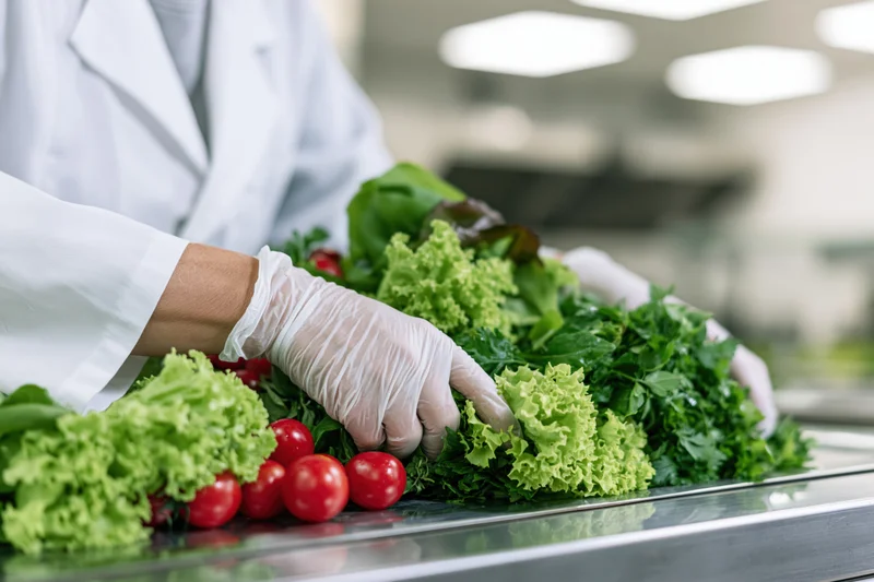 Food safety worker sorting fresh vegetables on a conveyor line in a processing facility