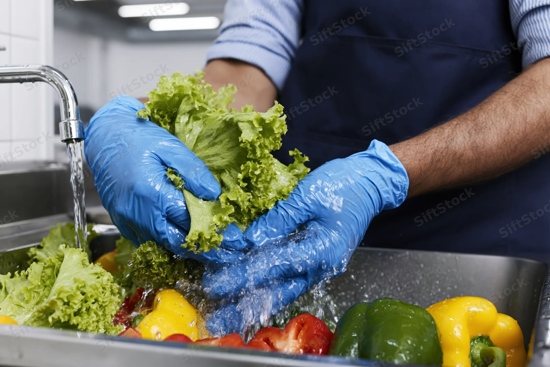 Food safety worker washing fresh vegetables in a commercial kitchen sink