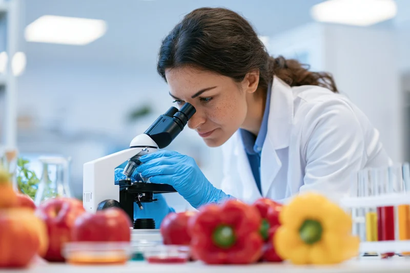 Woman in lab coat examining vegetables under microscope in laboratory