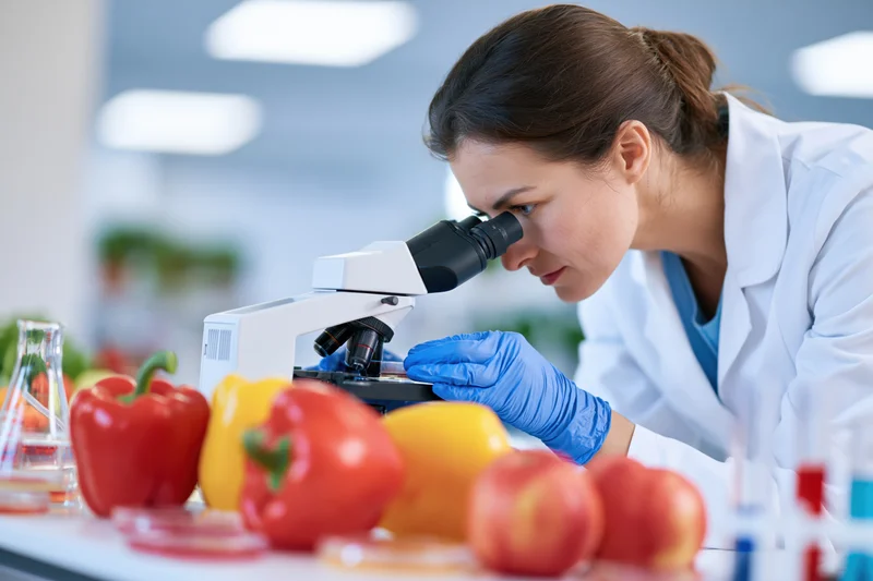 Woman in lab coat examining sample under microscope in food science laboratory