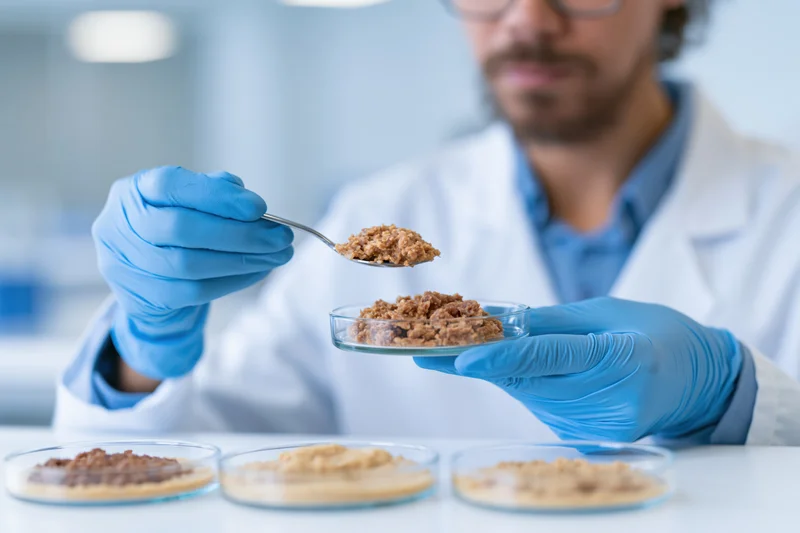 Scientist examining plant-based meat substitute sample in lab with spoon and petri dishes