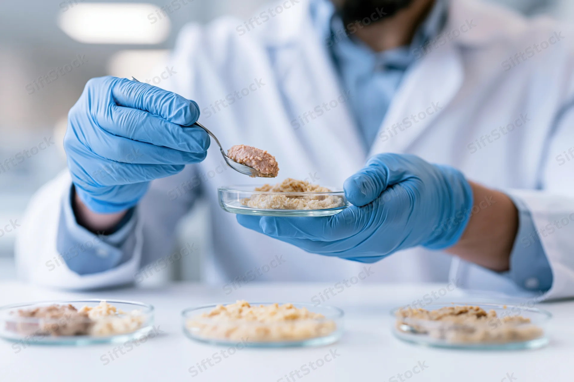 Food scientist in lab coat holding spoon over petri dish with food sample in laboratory
