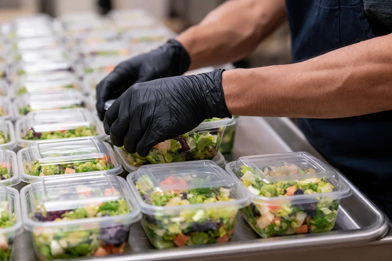Food service worker arranging salad containers on a stainless steel tray