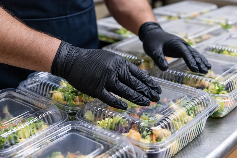 Food service worker arranging clear plastic containers of salad on stainless steel table