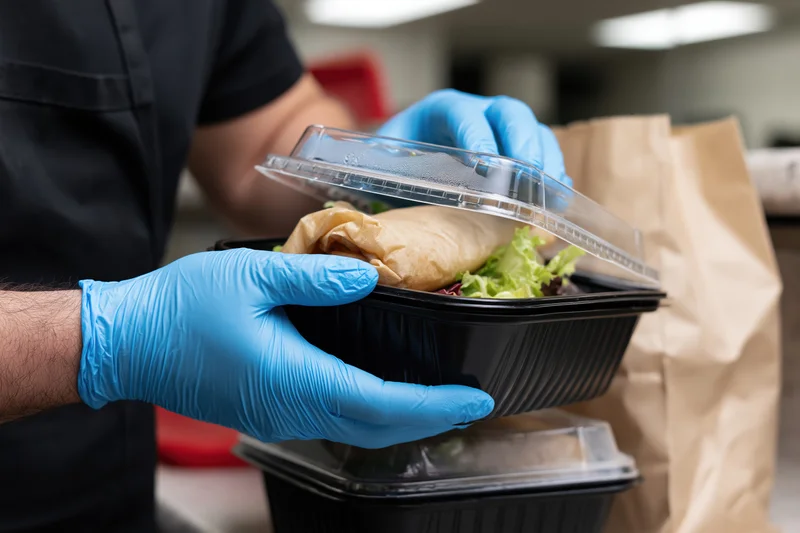 Food service worker in blue nitrile gloves holding open takeout container with sandwich and salad inside