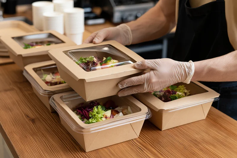 Foodservice worker stacking salad containers on wooden counter
