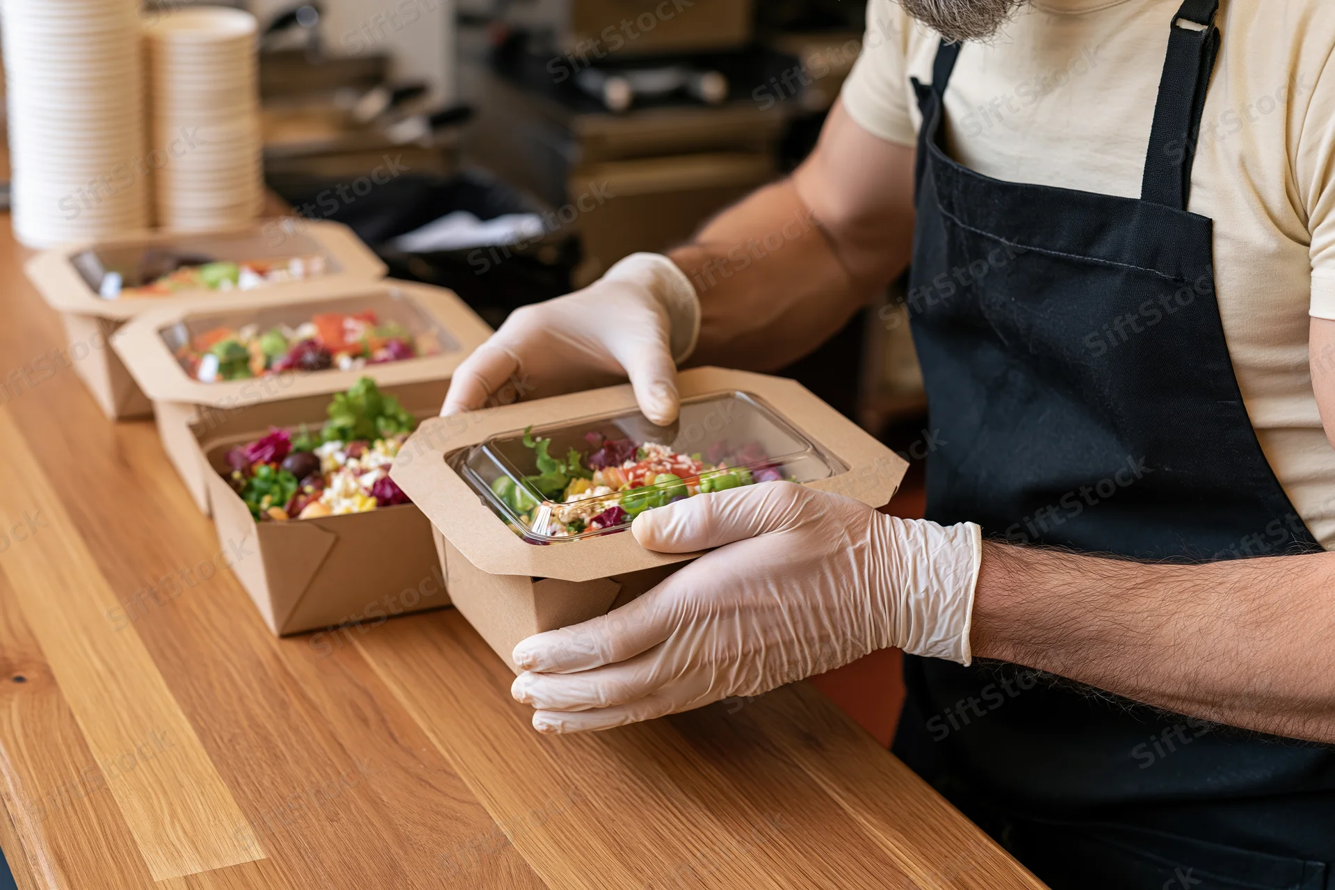 Food service worker placing salad container on wooden counter in kitchen