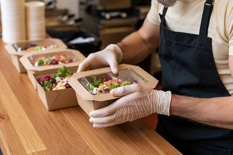 Food service worker placing salad container on wooden counter in kitchen