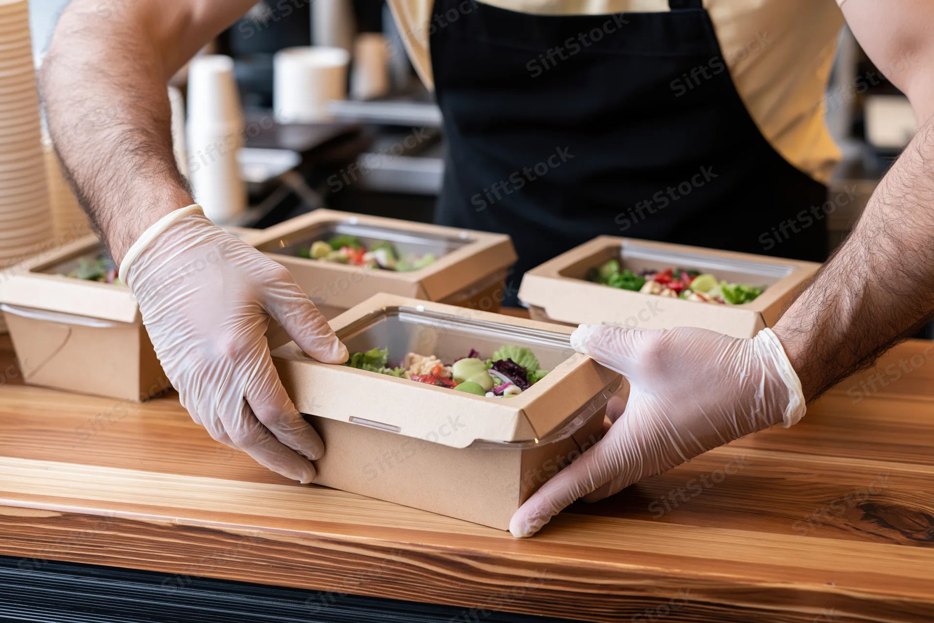 Food service worker placing salad containers on wooden counter