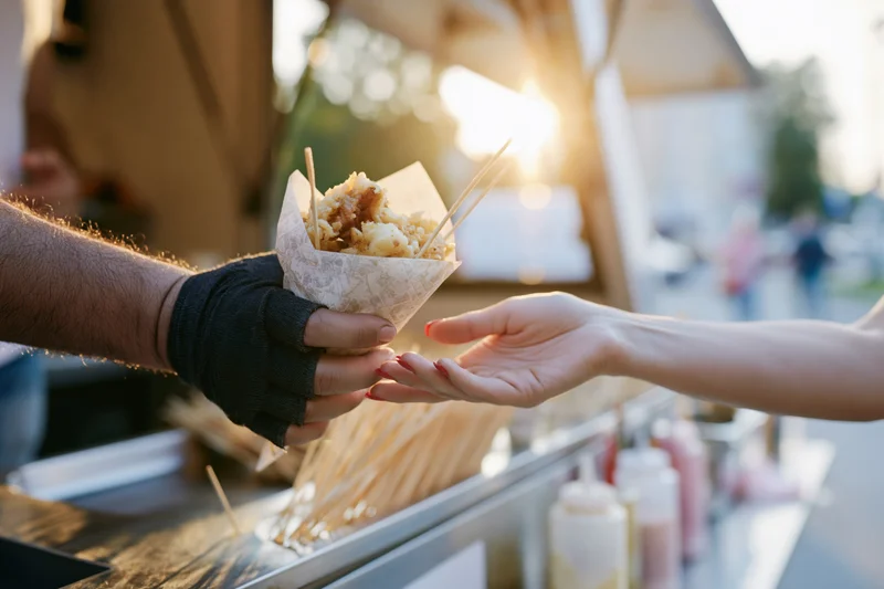 Vendor hand passing paper cone of food to customer at outdoor food truck stall