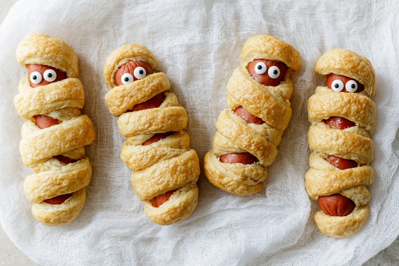 Four halloween mummy hot dogs wrapped in pastry strips with candy eyes on a white cloth