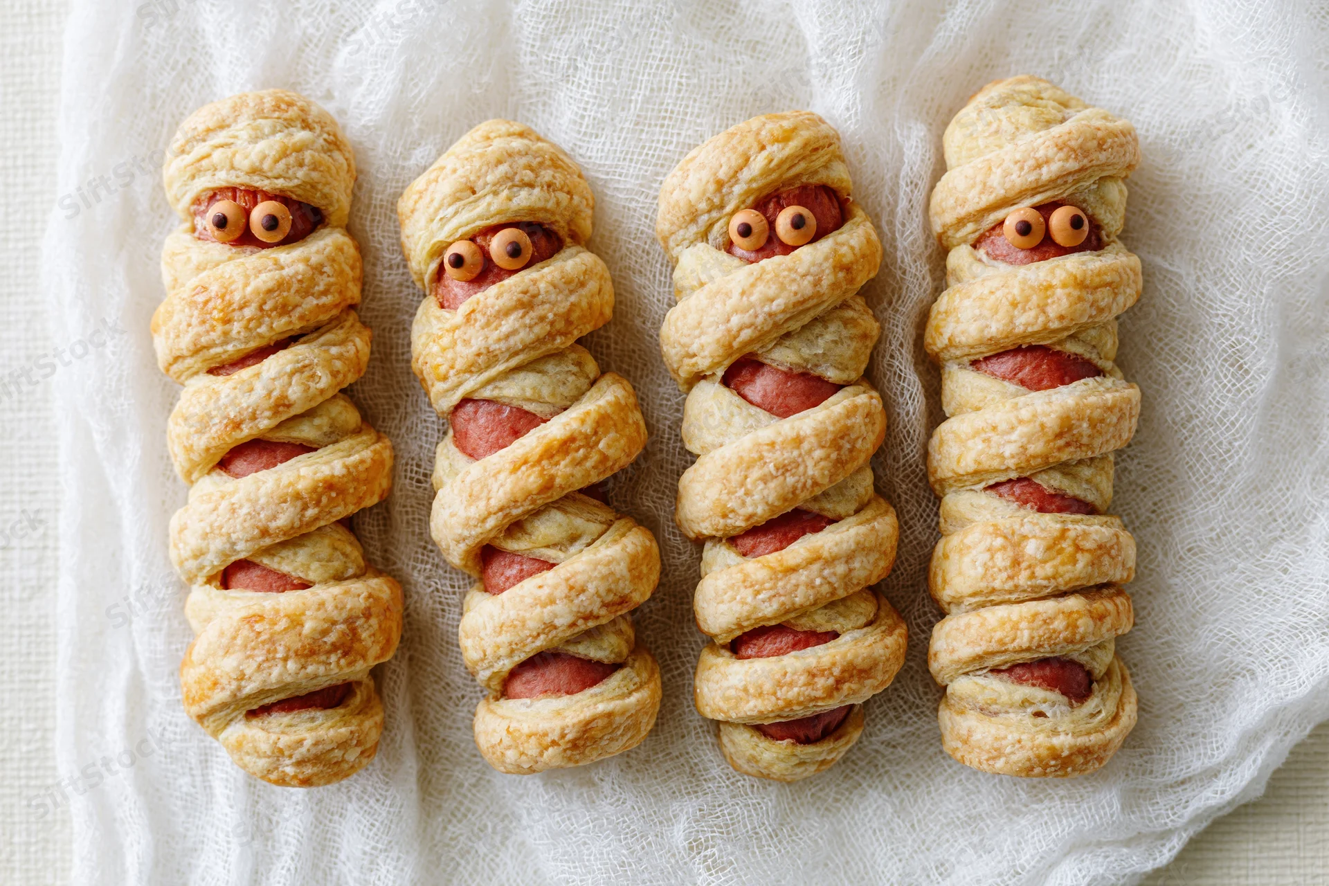 Four halloween mummy hot dogs wrapped in crisscross pastry strips on white cloth