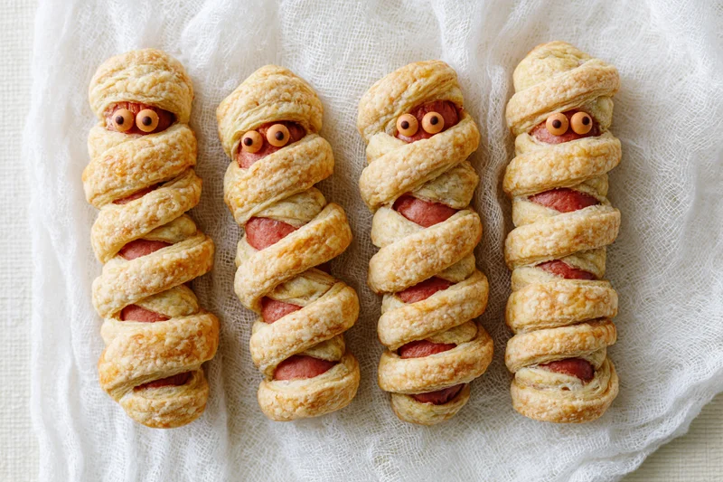 Four halloween mummy hot dogs wrapped in crisscross pastry strips on white cloth