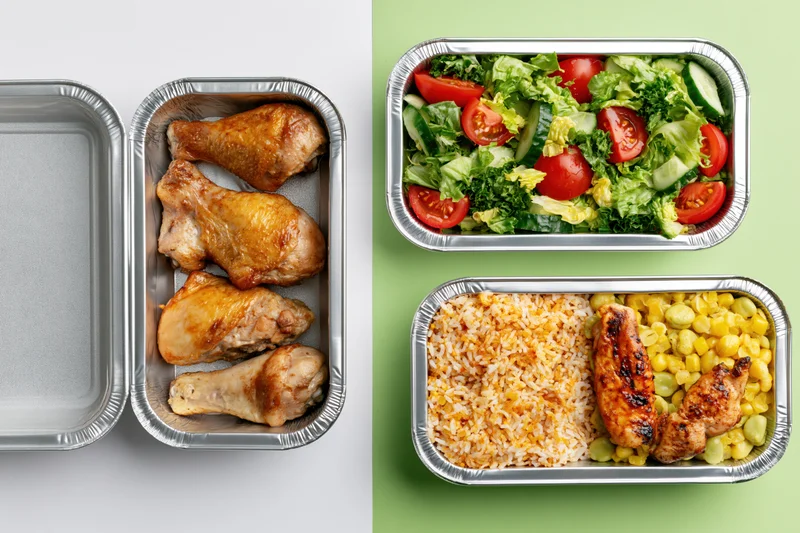 Four aluminum foil containers with prepared meals including chicken, salad, rice and corn arranged side by side