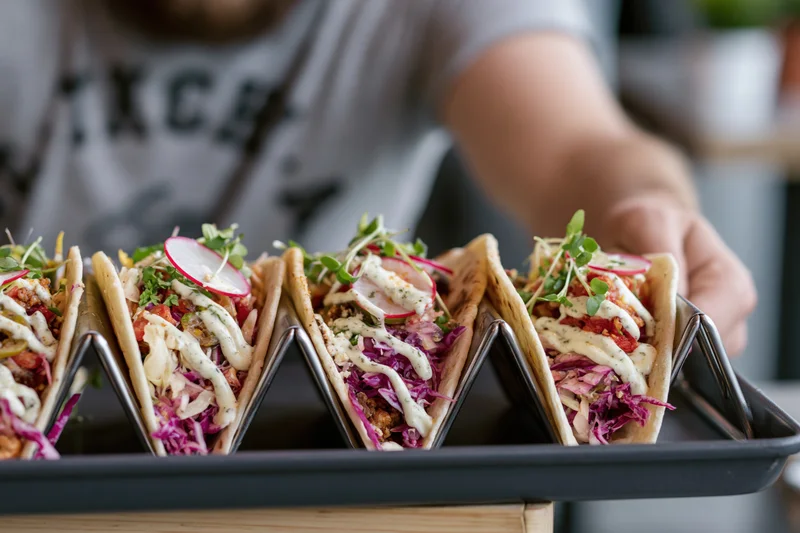Four gourmet tacos in metal holders on a dark tray being served by a person in a gray t-shirt