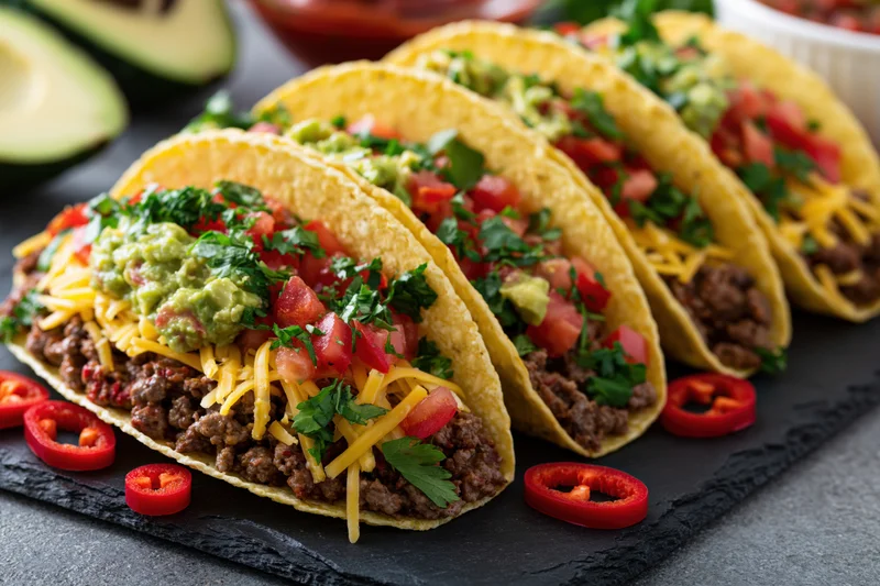 Four hard-shell tacos filled with seasoned ground beef, cheese, guacamole, tomatoes, and cilantro arranged on a slate plate with sliced chili peppers around