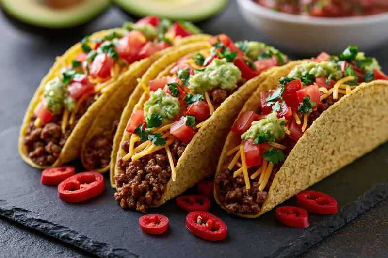 Three hard-shell tacos filled with seasoned ground beef, topped with guacamole, cheese, tomatoes and cilantro, arranged on a slate plate with sliced red chili peppers around