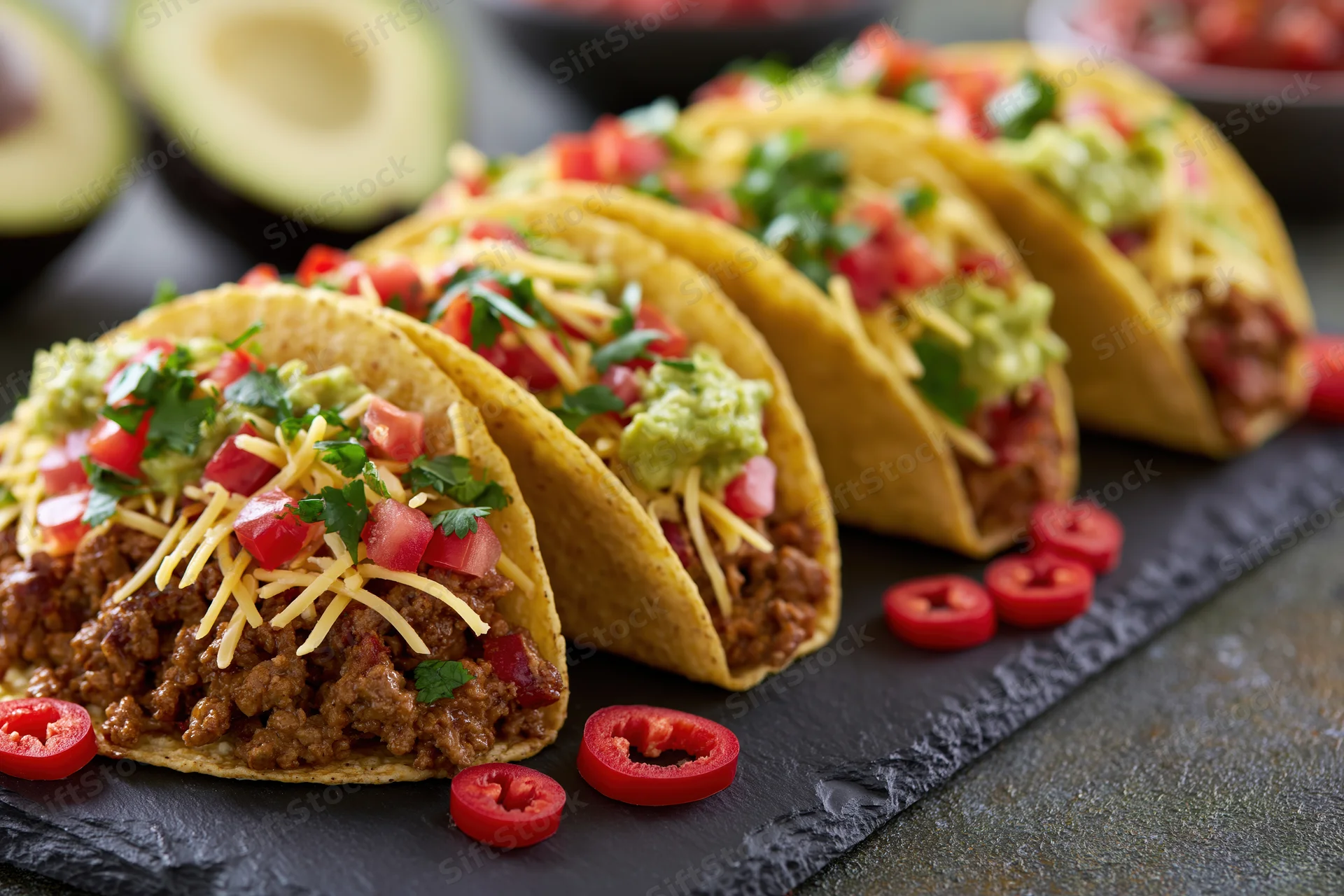 Four hard-shell tacos filled with seasoned ground beef, shredded cheese, guacamole, diced tomatoes, and cilantro arranged on a slate plate with sliced chili peppers around