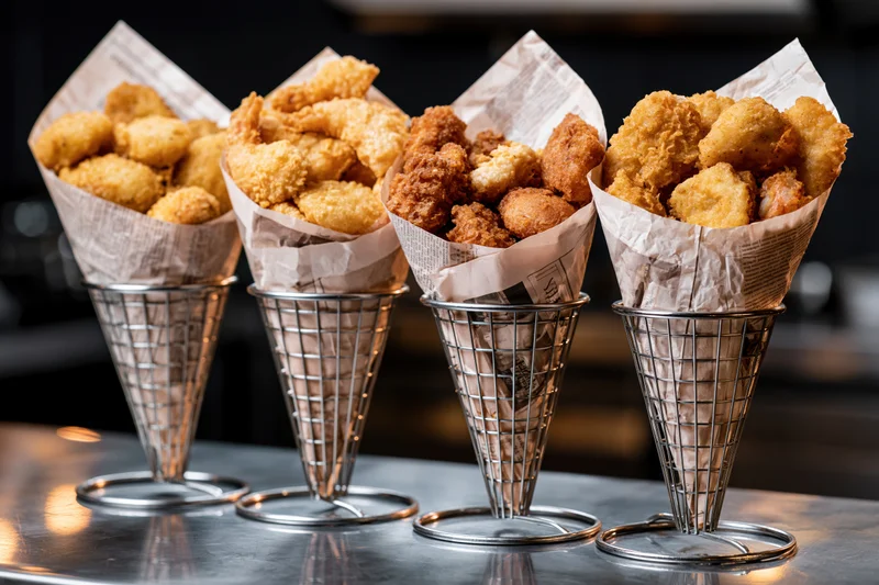 Four metal cone holders filled with fried chicken in paper wrappers lined up on a reflective restaurant counter