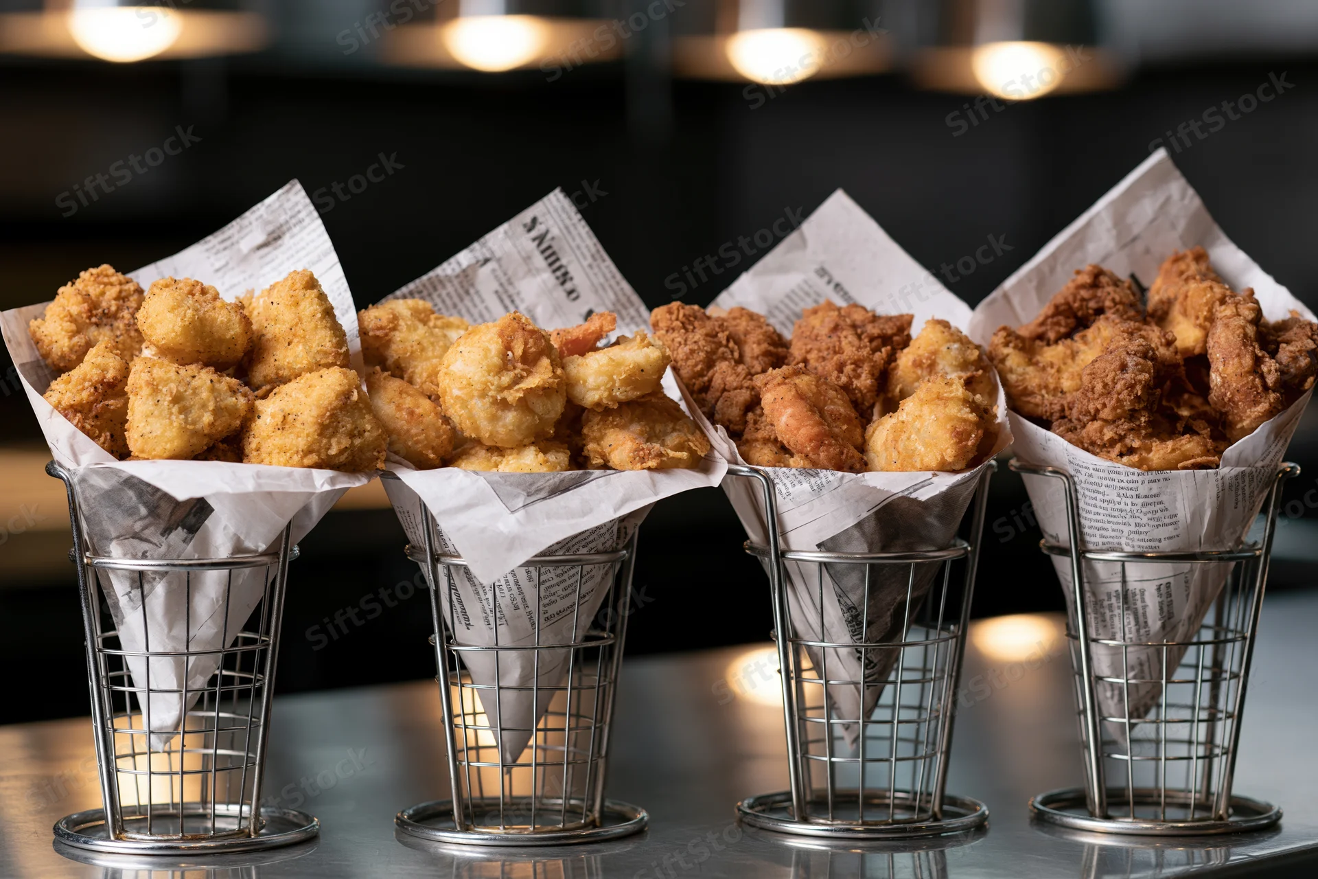 Four metal cone holders filled with fried chicken lined up on a reflective restaurant counter
