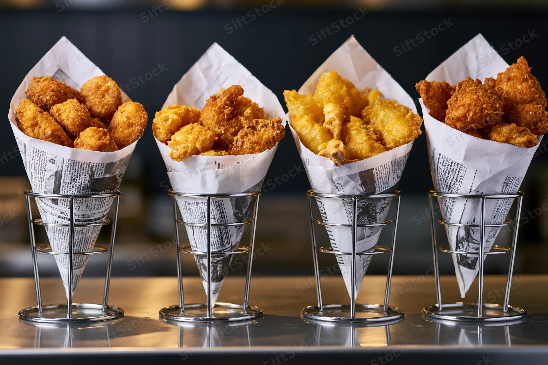 Four metal cone holders each filled with fried chicken pieces lined up on a reflective restaurant counter