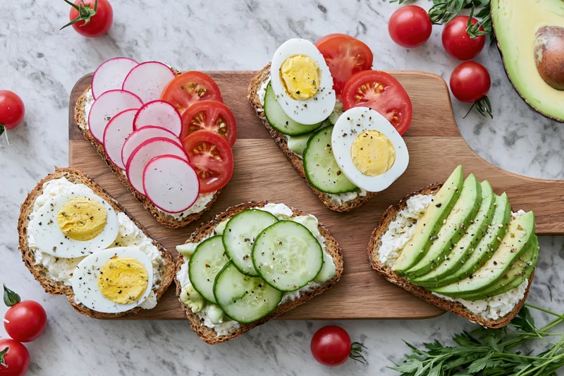 Five open-faced toasts with avocado, egg, cucumber, tomato, and radish on a wooden cutting board with cherry tomatoes and parsley on marble surface