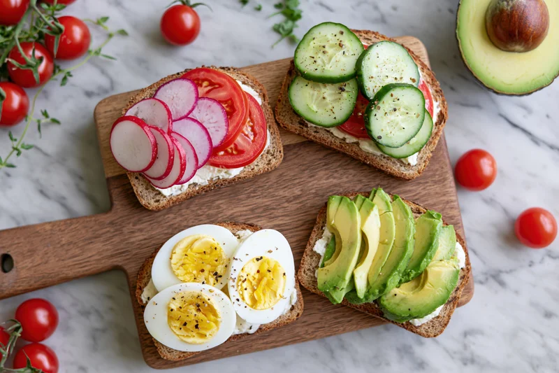 Four open-faced toasts topped with avocado, hard-boiled egg, cucumber, radish and tomato on a wooden board over marble countertop