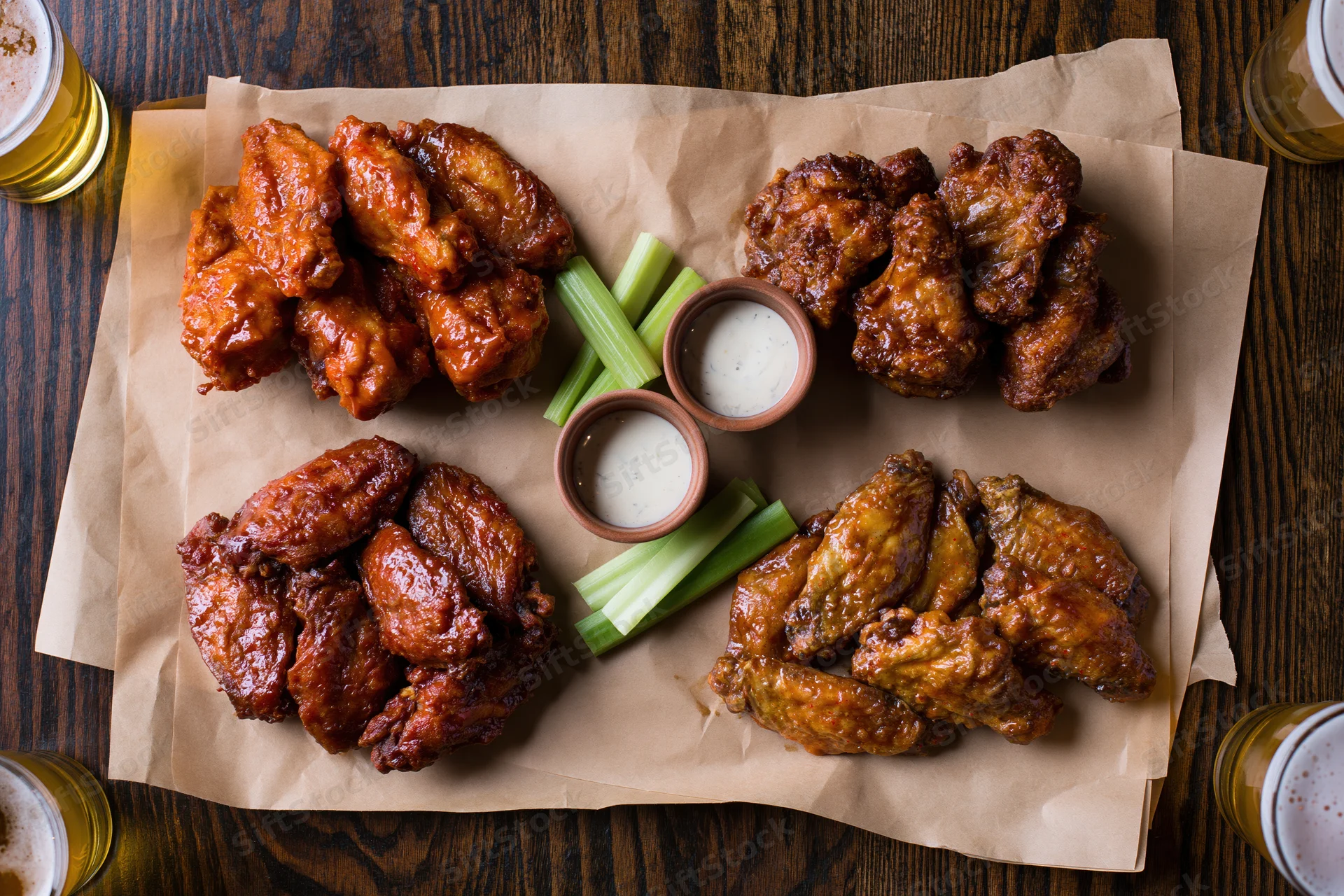 Four portions of chicken wings in different sauces arranged on parchment paper with celery sticks and ranch dressing on a wooden table, surrounded by glasses of beer