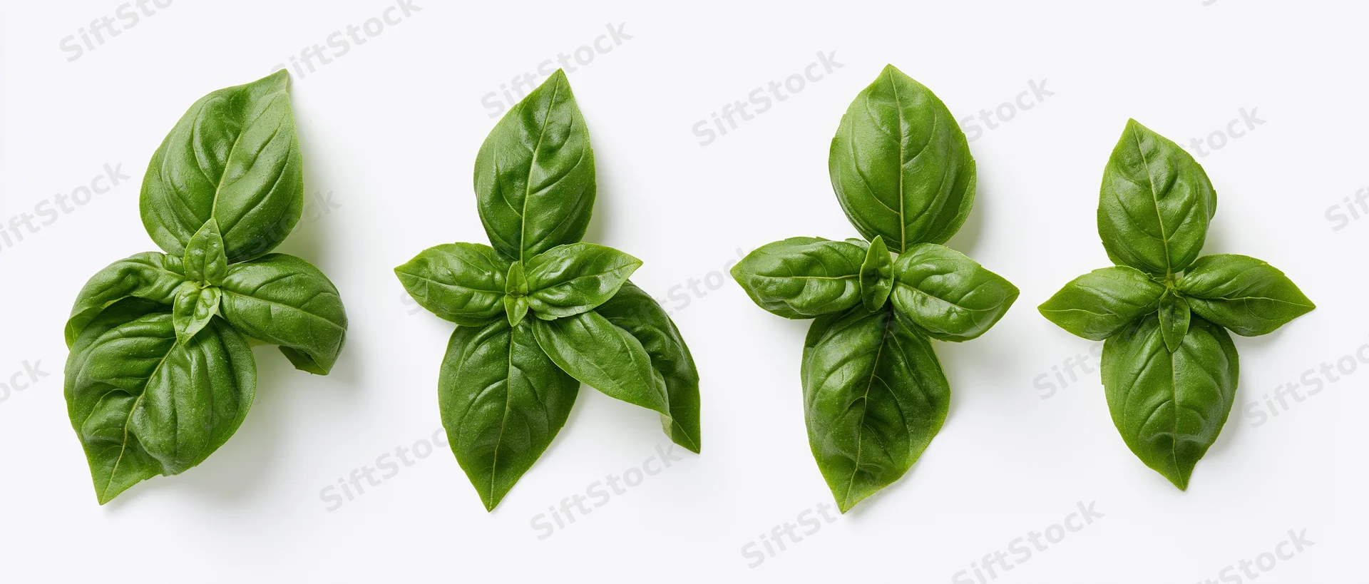 Four clusters of fresh basil leaves arranged horizontally on a white background