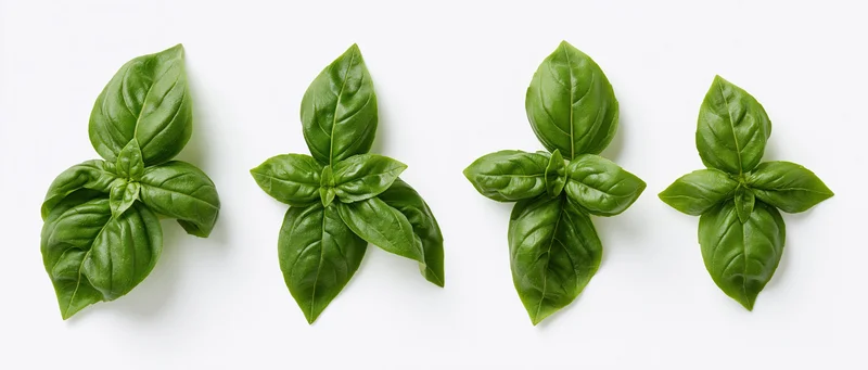 Four clusters of fresh basil leaves arranged horizontally on a white background