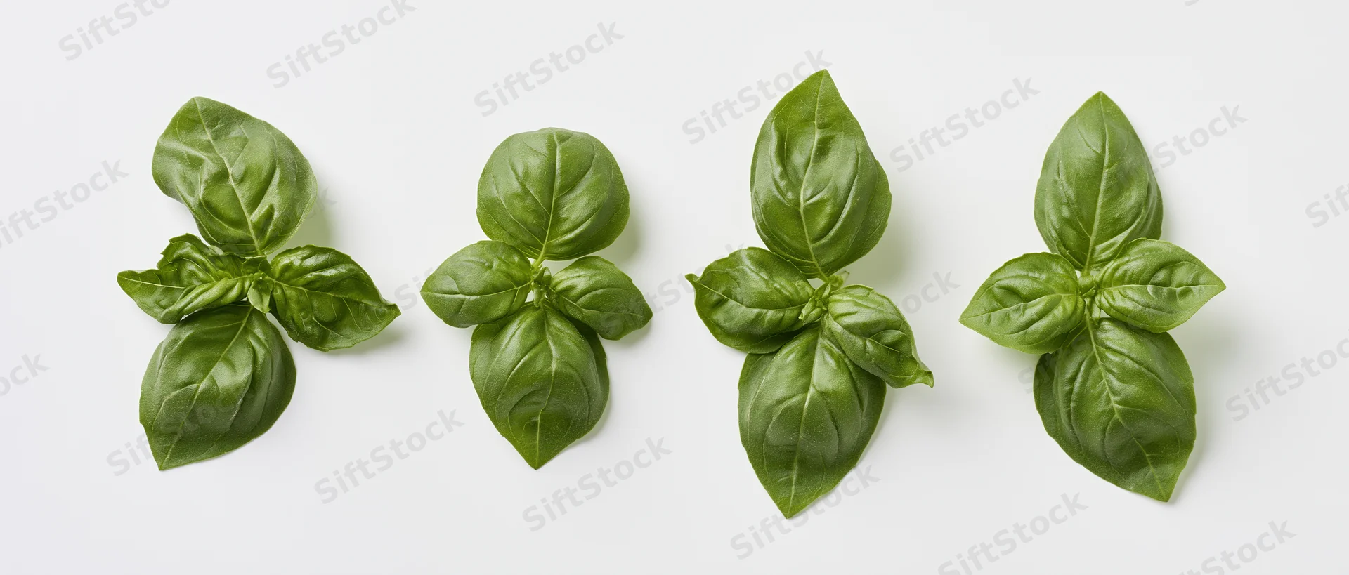 Four clusters of fresh basil leaves arranged in a row on a white background