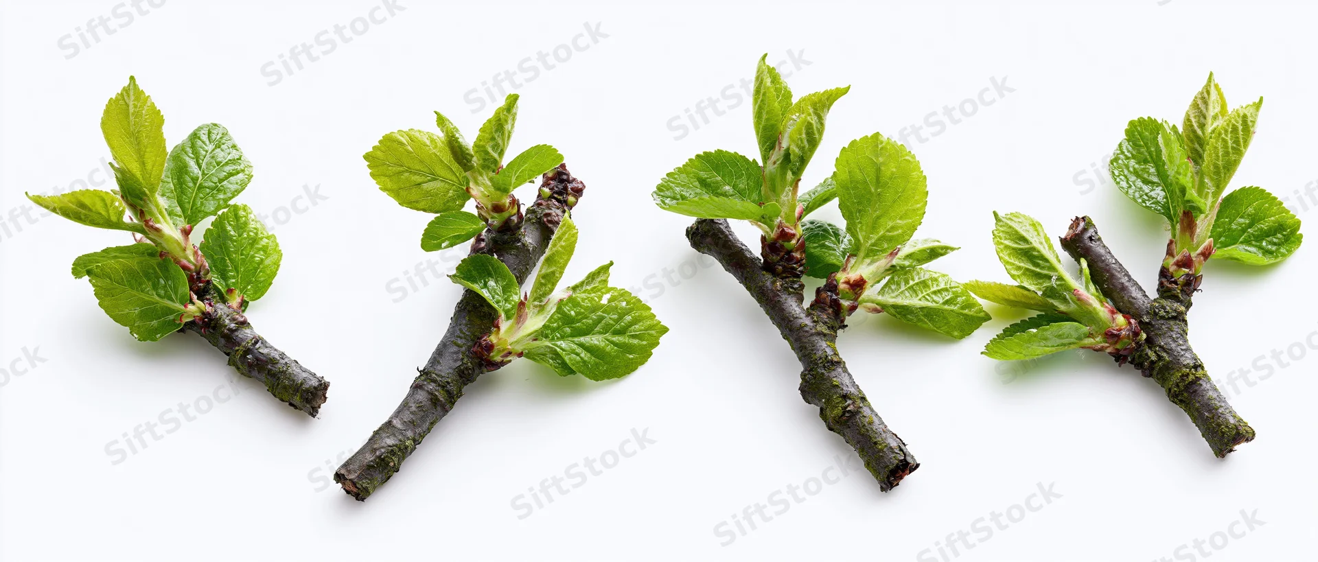 Four small deciduous tree branches with fresh spring leaves arranged in a row on white background