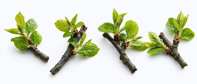 Four small deciduous tree branches with fresh spring leaves arranged in a row on white background
