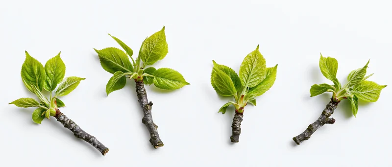 Four small deciduous tree branches with fresh green spring leaves arranged on white background