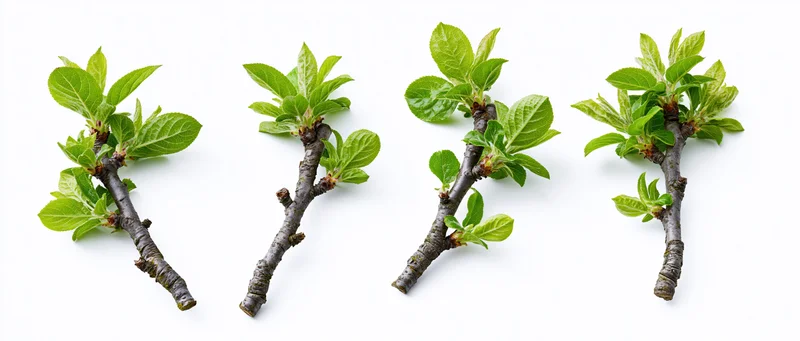 Four small deciduous tree branches with fresh spring leaves arranged in a row on white background