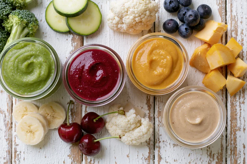 Four glass jars of colorful baby food puree arranged with fresh fruits and vegetables on a white wooden table