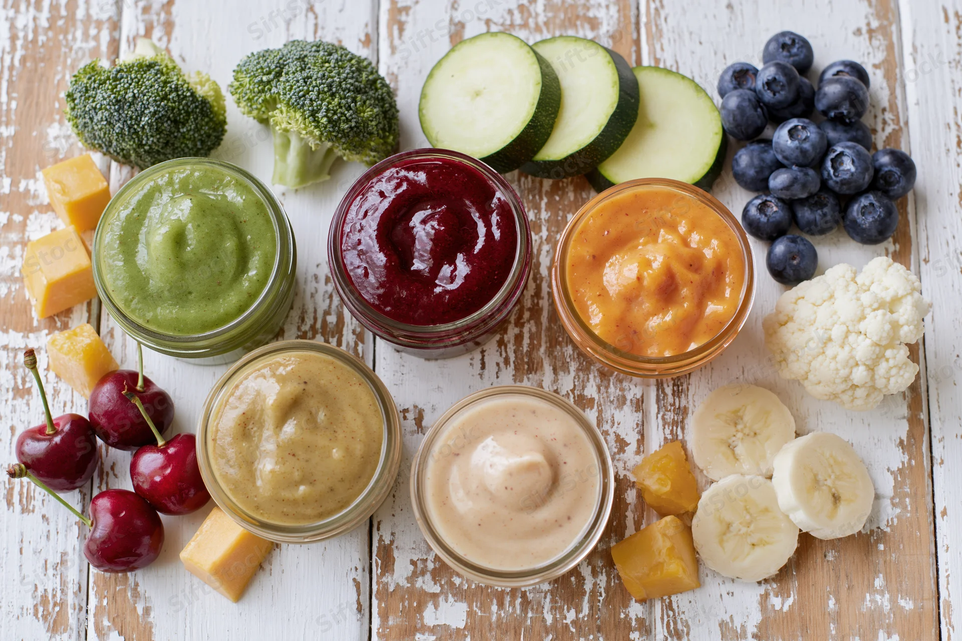Glass jars filled with colorful baby food purees arranged with fresh vegetables and fruits on a rustic wooden table