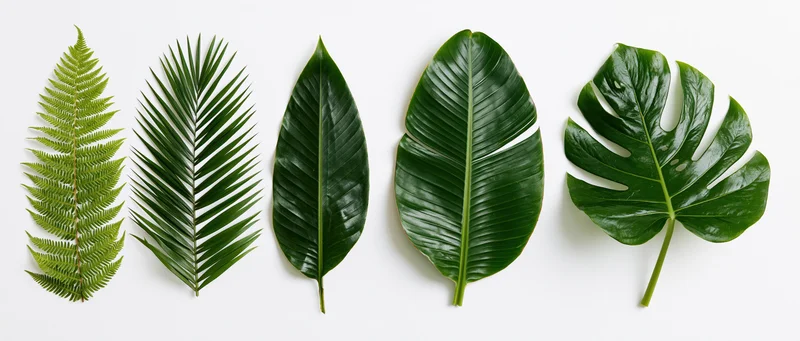 Five tropical leaves arranged in a row on a white background