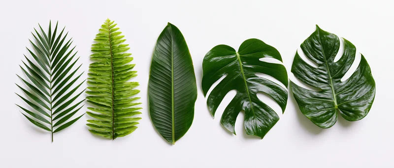Five tropical leaves arranged in a row on a white surface
