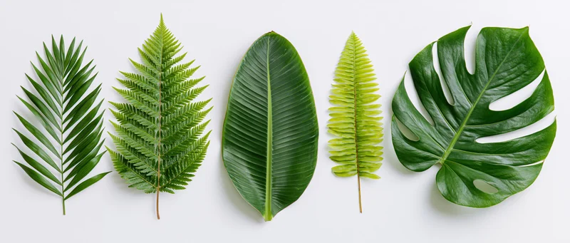 Five tropical leaves arranged in a row on a white background