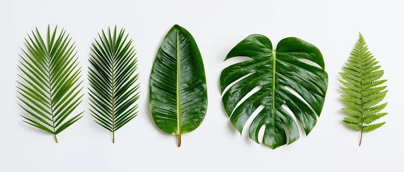 Five tropical leaves arranged in a row on a white background