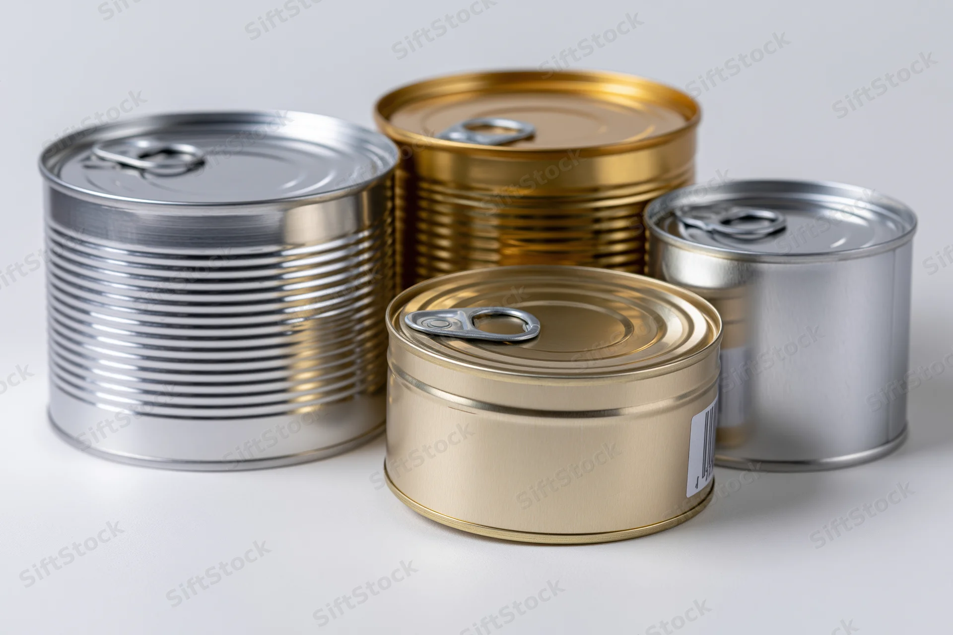Four unlabeled metal food cans of varying sizes grouped together on a white surface