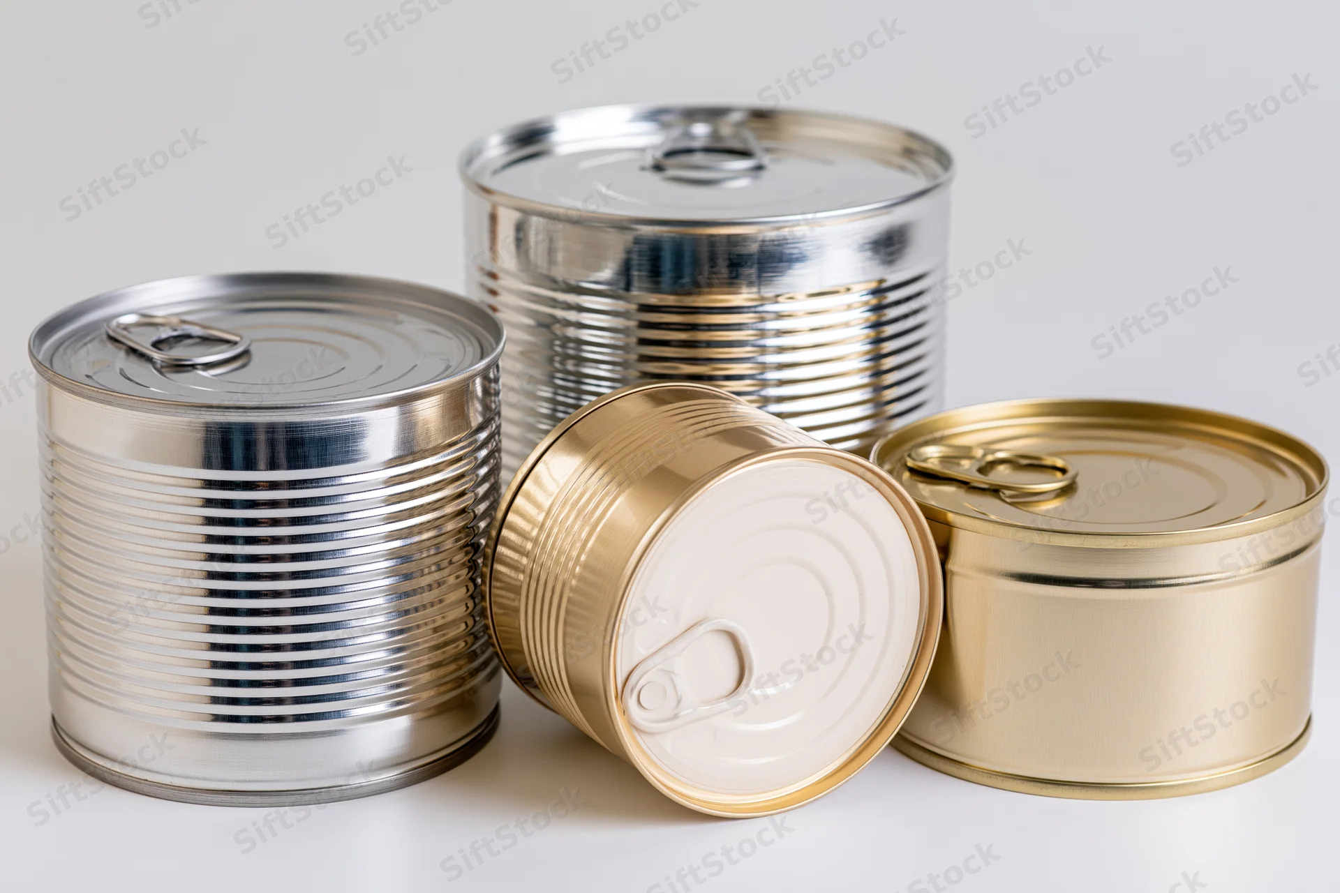 Four unlabeled metal food tins of varying sizes grouped together on a white surface