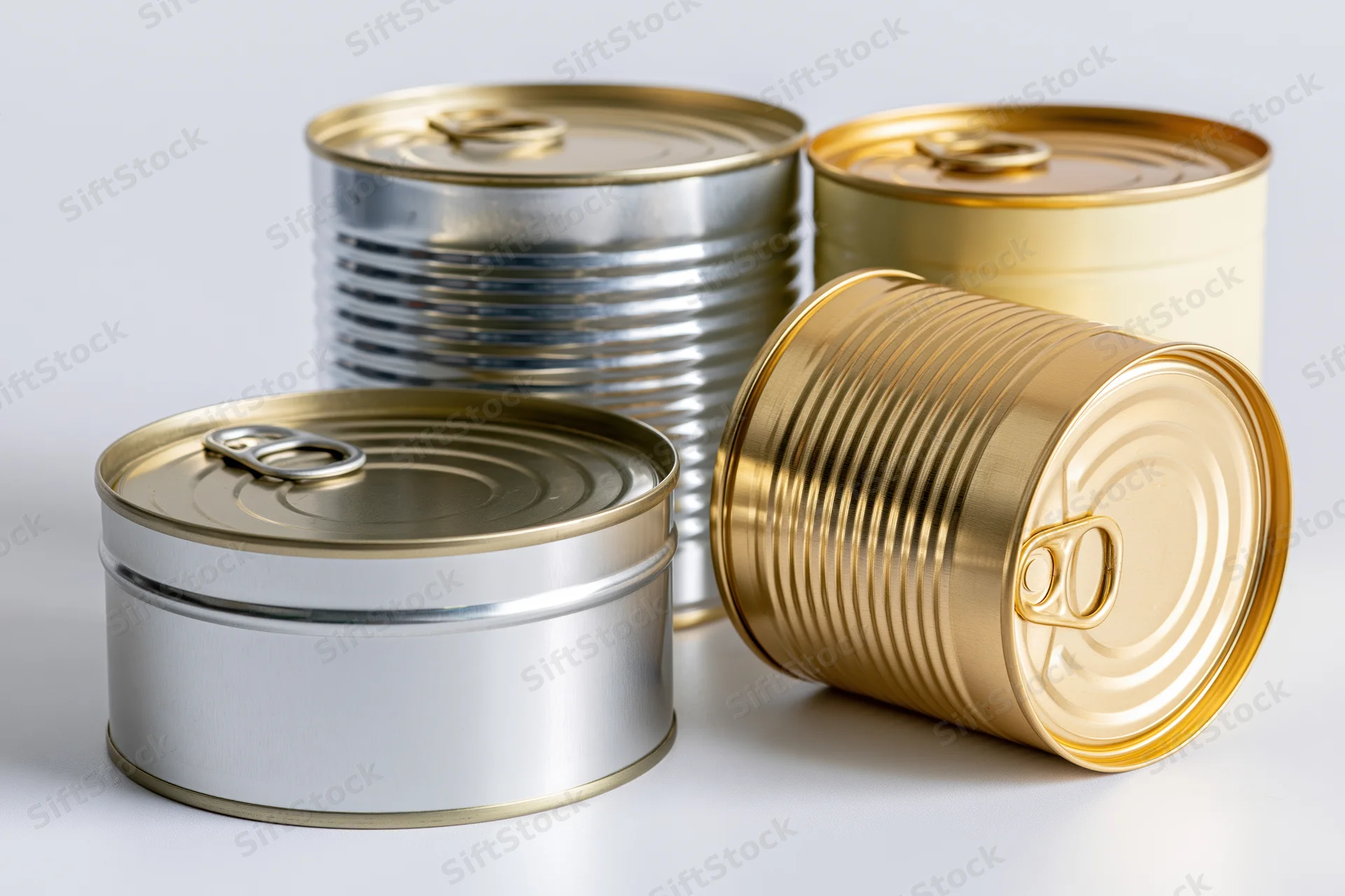 Four unlabeled metal food cans of varying sizes grouped together on a white surface